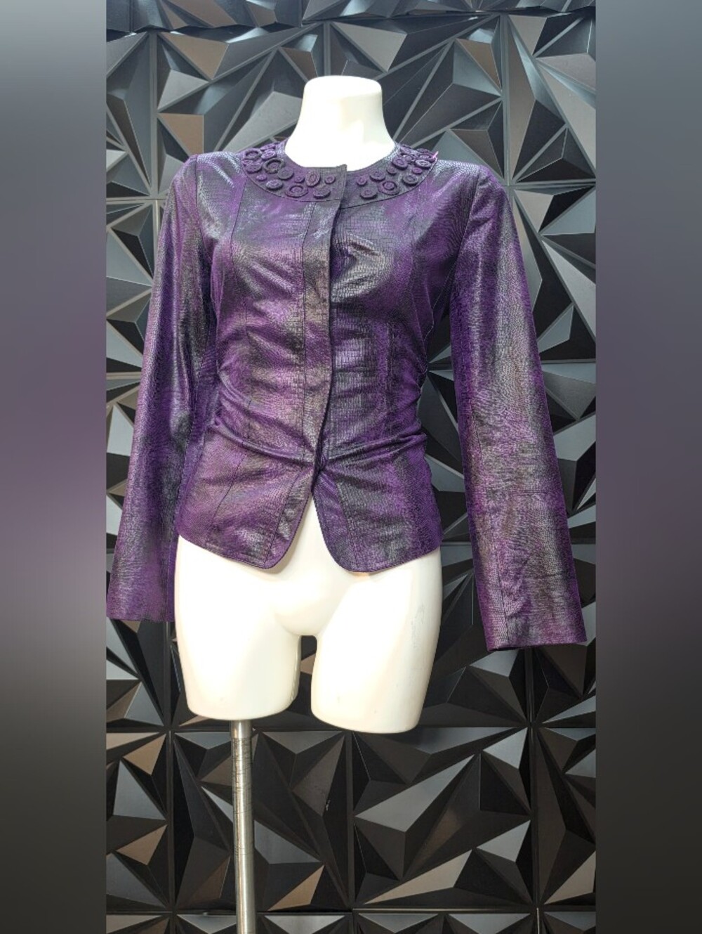 Chico's Metallic Purple Faux Leather Button Collar Jacket